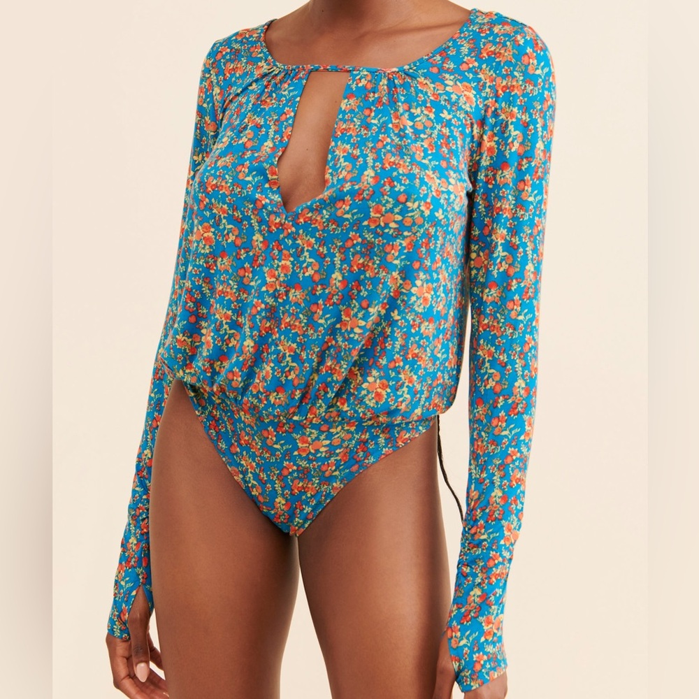 Intimately by Free People Kaya Printed Bodysuit Blue Multi Floral Size Medium - Picture 3 of 10